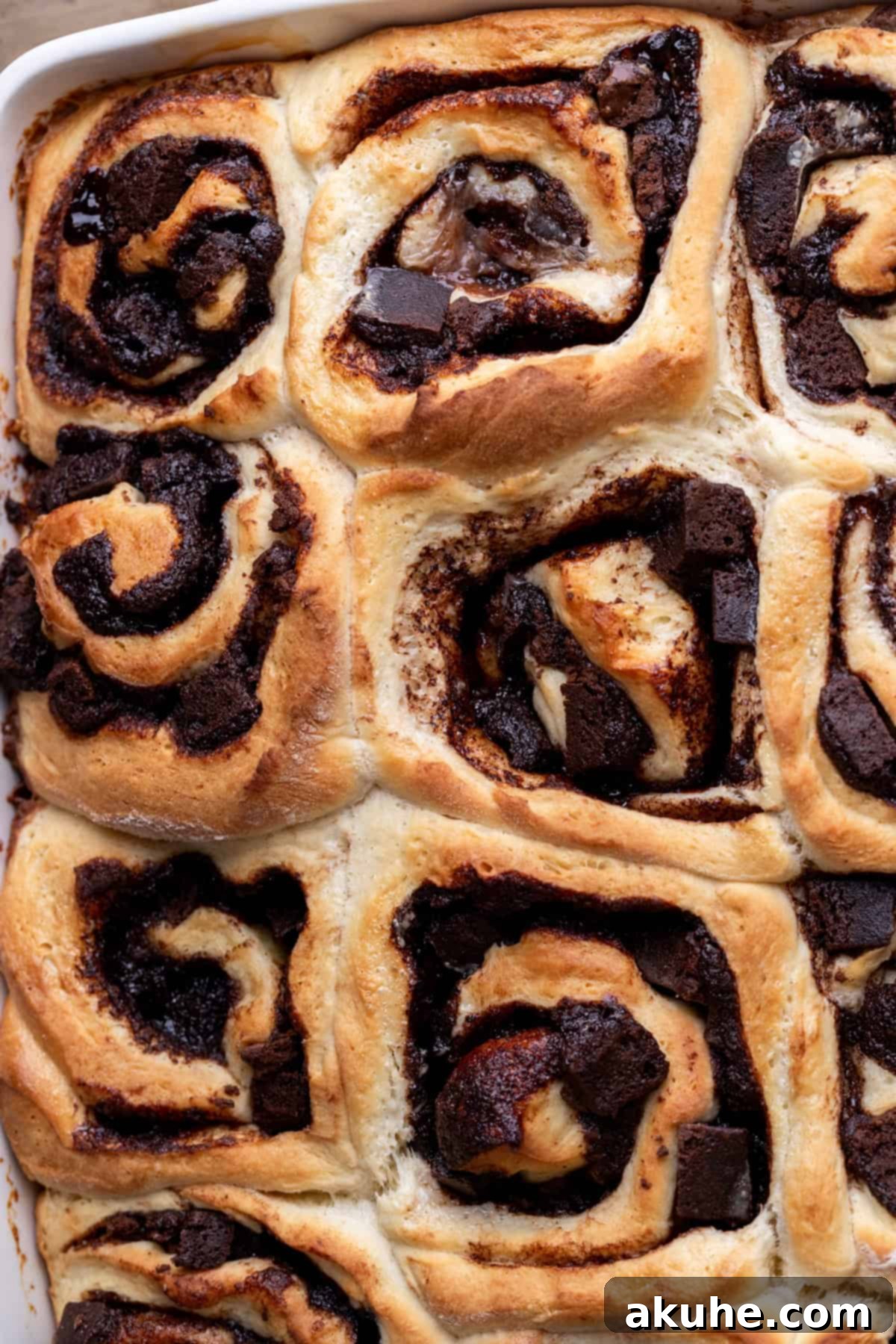 Brownie Swirls 7 Golden-brown baked brownie rolls in a pan, fresh from the oven.
