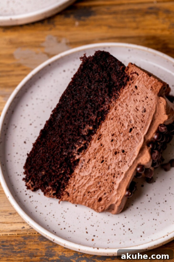 Decadent Chocolate Mousse Dream 3 One slice of chocolate mousse cake on a pristine white plate, ready to be enjoyed.