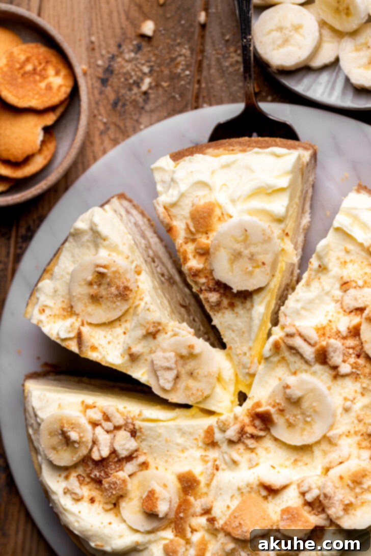 Southern Banana Pudding Cheesecake 3 Top-down view of a whole banana pudding cheesecake, garnished beautifully.