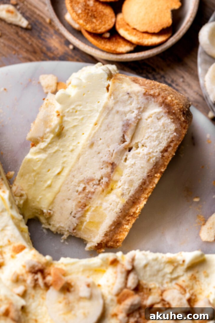 Southern Banana Pudding Cheesecake 10 A single slice of banana pudding cheesecake standing upright on a plate, showcasing its pristine layers.