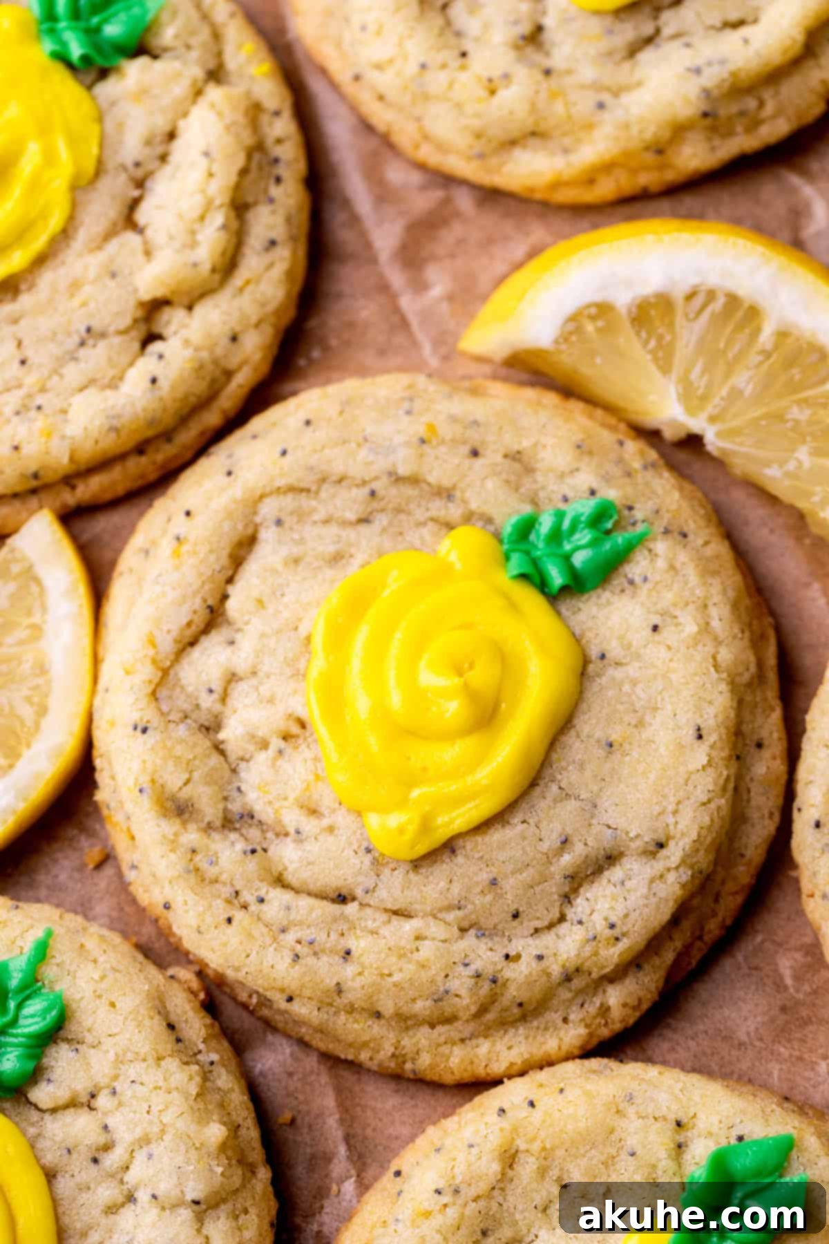Zesty Lemon Poppy Seed Cookies 9 Close up top view of a lemon poppy seed cookie with cream cheese frosting.