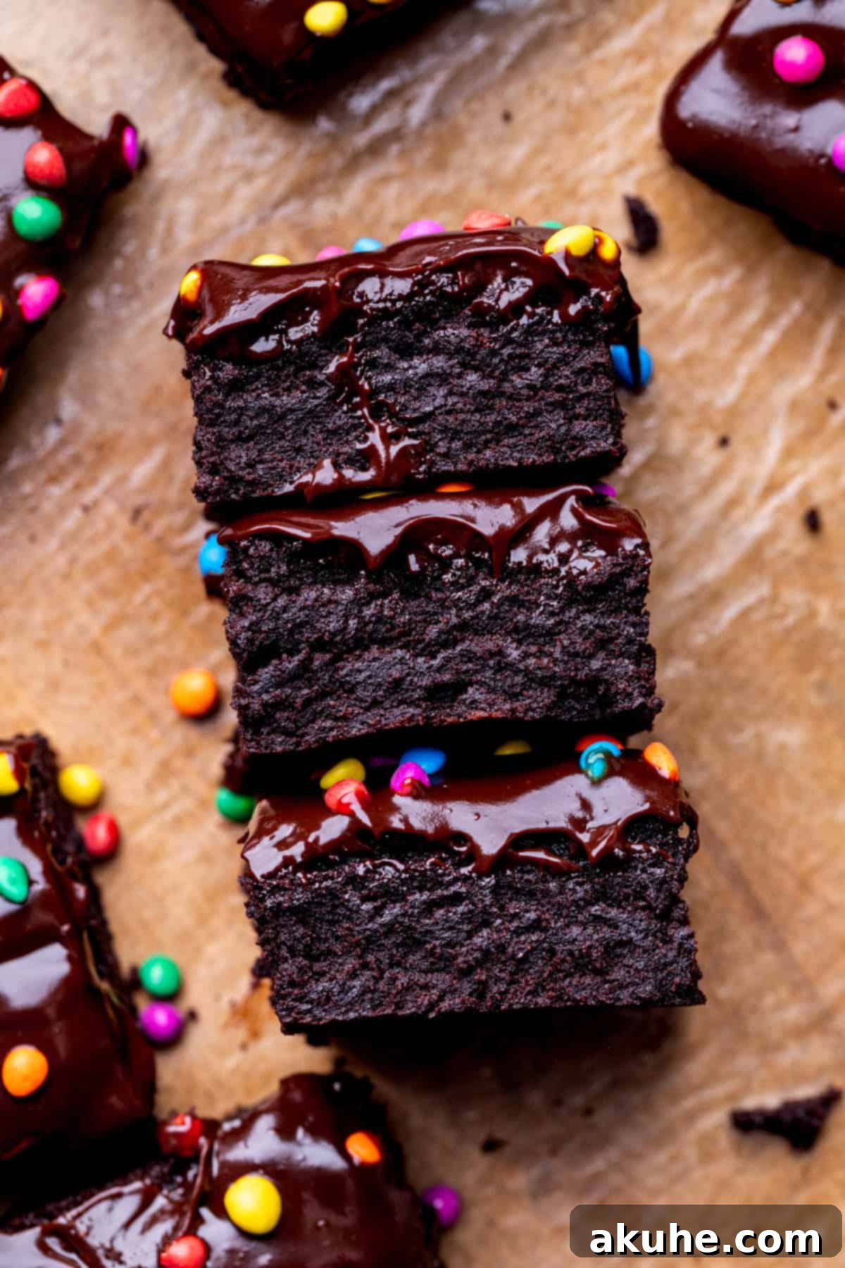 Decadent Cosmic Brownies 9 Three fudgy homemade Cosmic Brownies, each topped with smooth chocolate ganache and colorful candy-coated chocolates, presented on their side.
