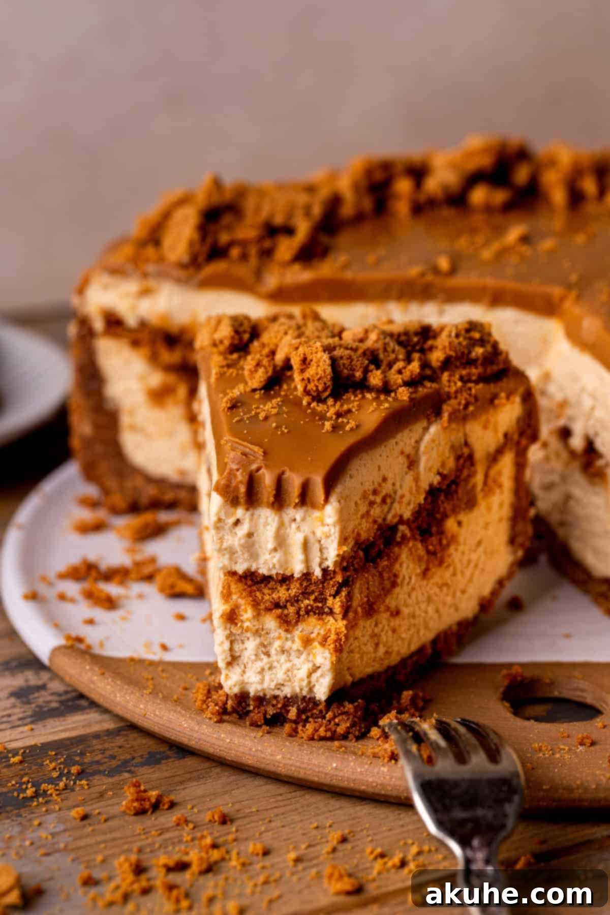 Decadent No-Bake Biscoff Cheesecake 11 Bite missing from a slice of no bake biscoff cheesecake.