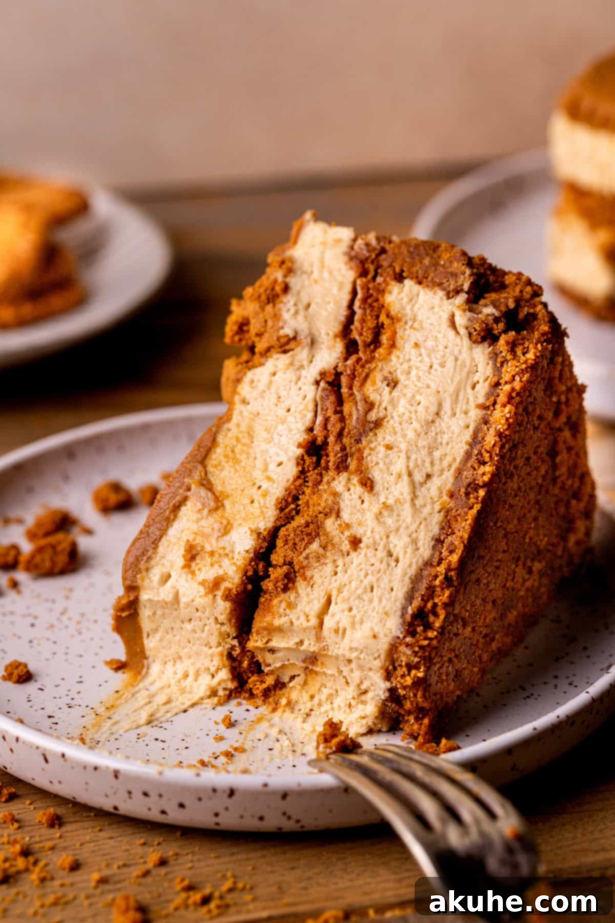 Decadent No-Bake Biscoff Cheesecake 12 Bite missing from slice of cheesecake.