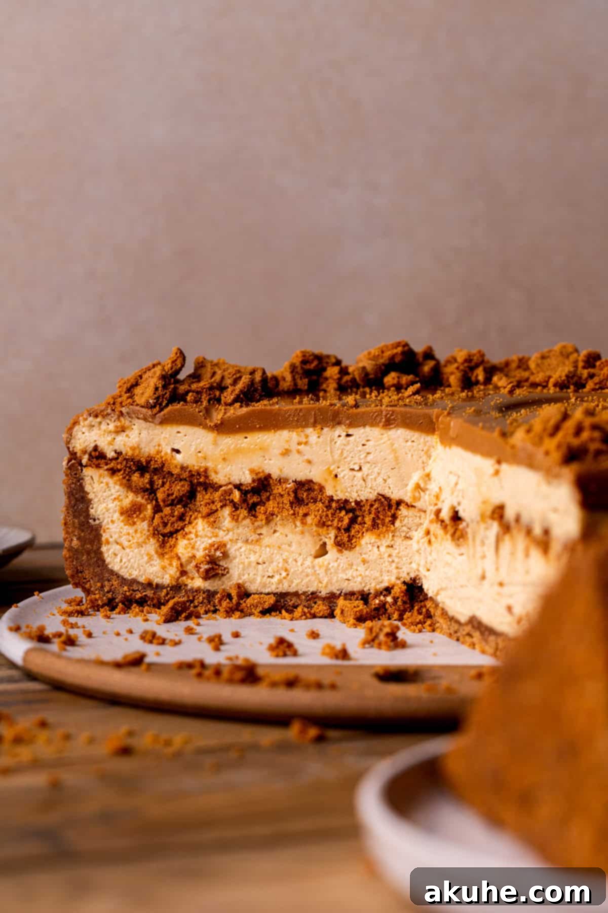 Decadent No-Bake Biscoff Cheesecake 13 Side view of cheesecake.