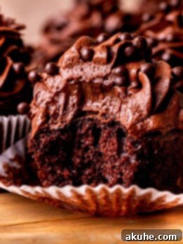 Decadent Chocolate Delights 12 One chocolate cupcake with a bite missing, top view.