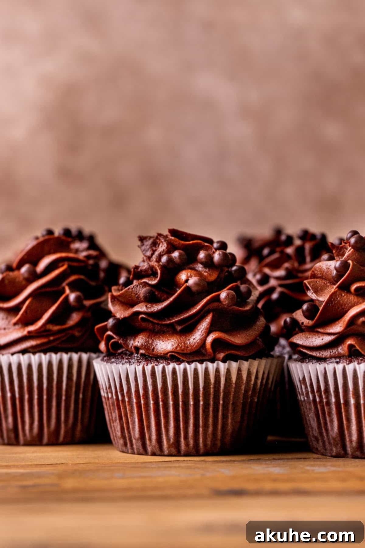 Decadent Chocolate Delights 3 Three perfectly frosted chocolate cupcakes, ready to be enjoyed.