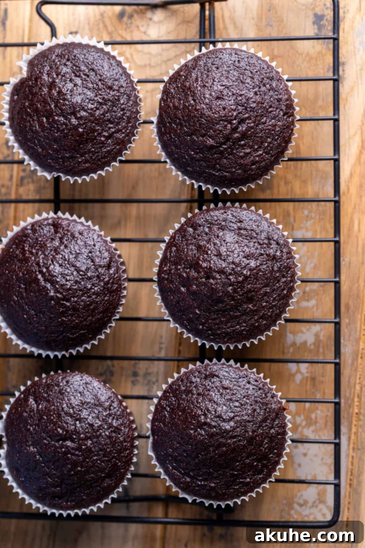Decadent Chocolate Delights 7 Freshly baked chocolate cupcakes cooling on a wire rack.