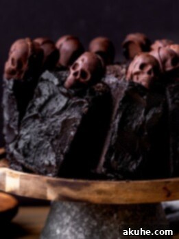 Bewitching Halloween Chocolate Cake 13 Halloween chocolate cake on a cake stand.