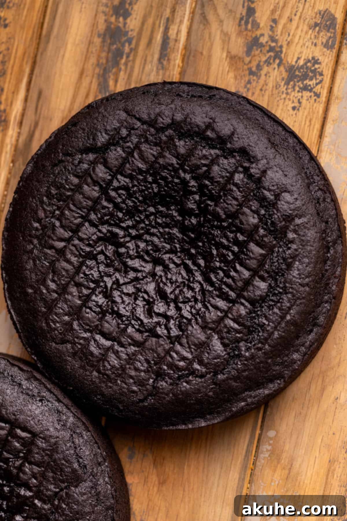 Bewitching Halloween Chocolate Cake 6 A freshly baked black velvet cake layer, perfectly rounded and ready for cooling, showcasing its deep, even color.