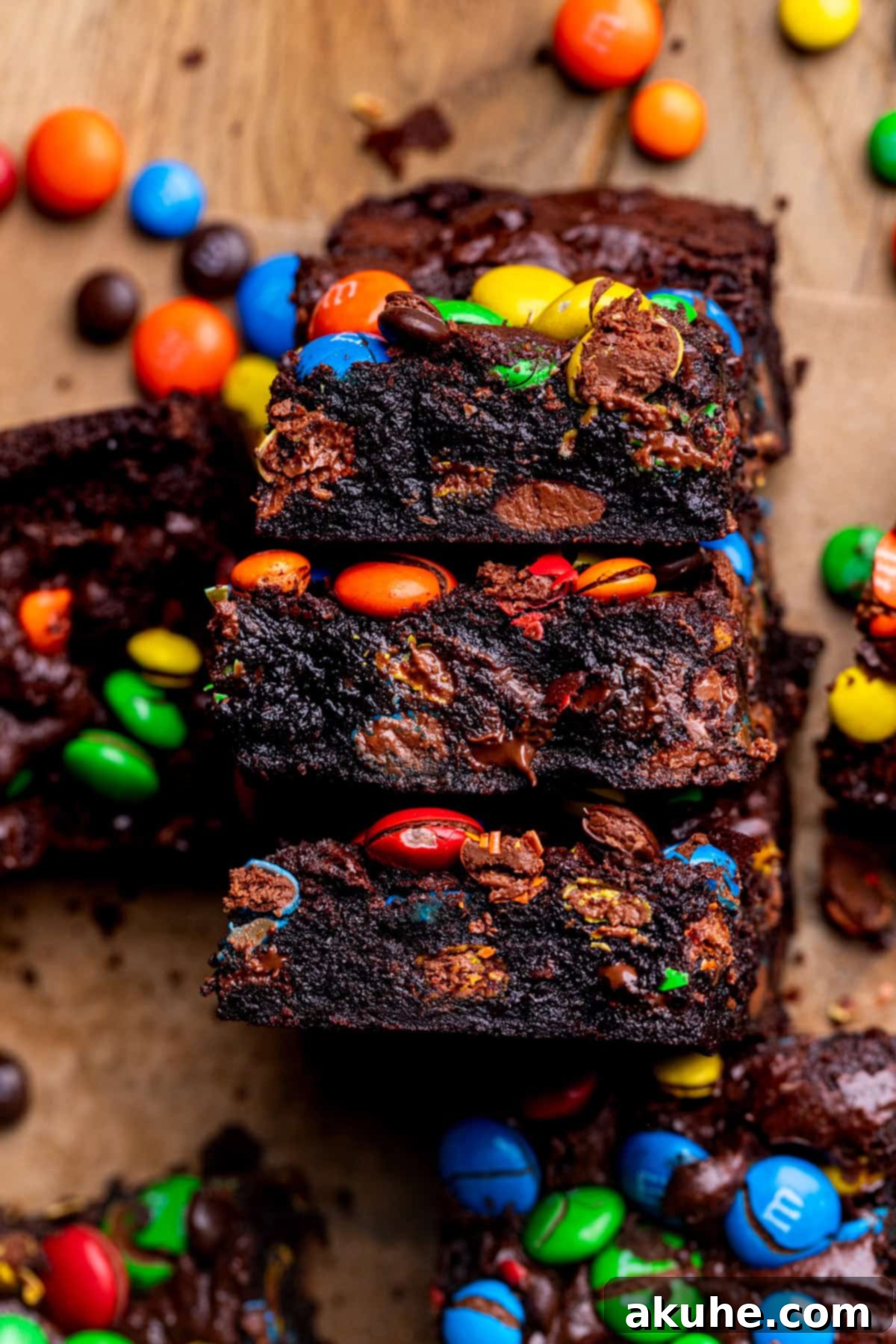 Decadent Fudgy M and M Brownies 9 A stack of three M&M brownies, each showing its thick, fudgy center and colorful candy inclusions.
