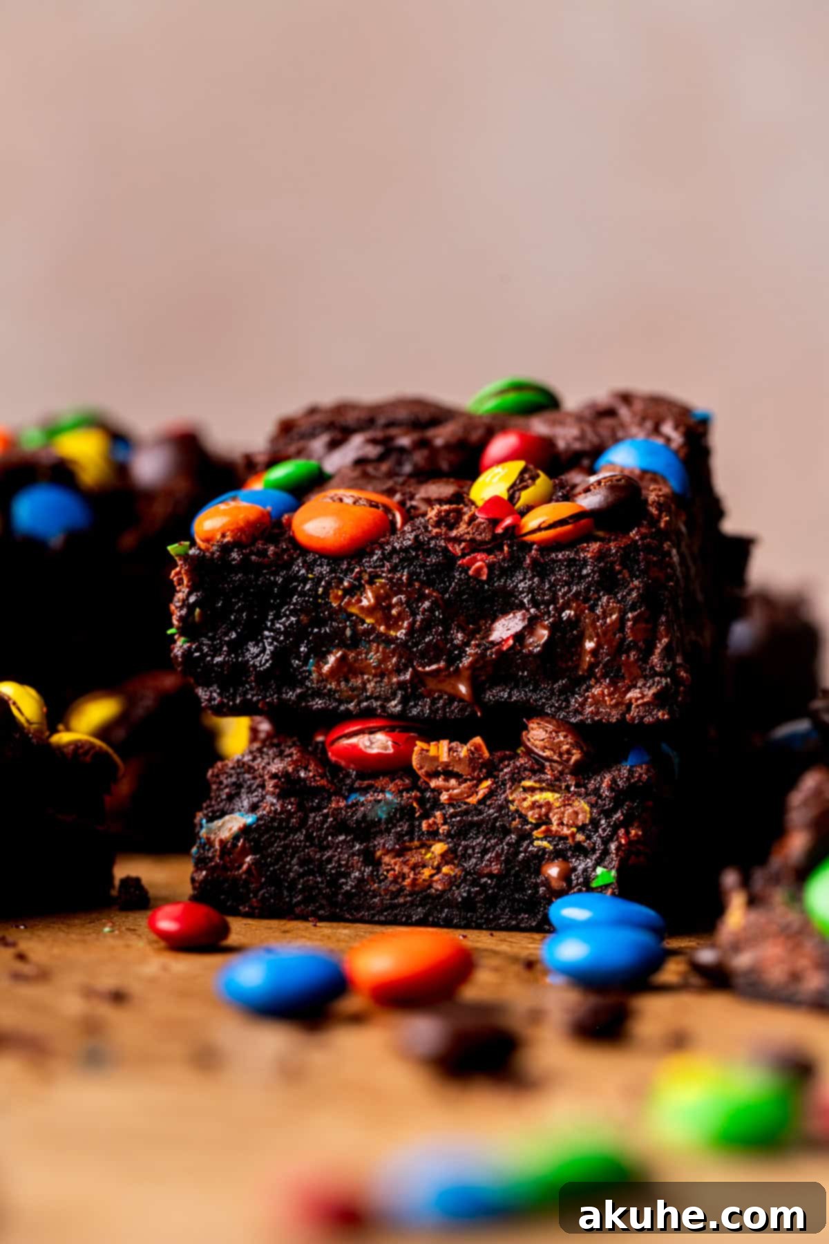 Decadent Fudgy M and M Brownies 10 A stack of two perfectly baked M&M brownies, highlighting their rich color and inviting texture.