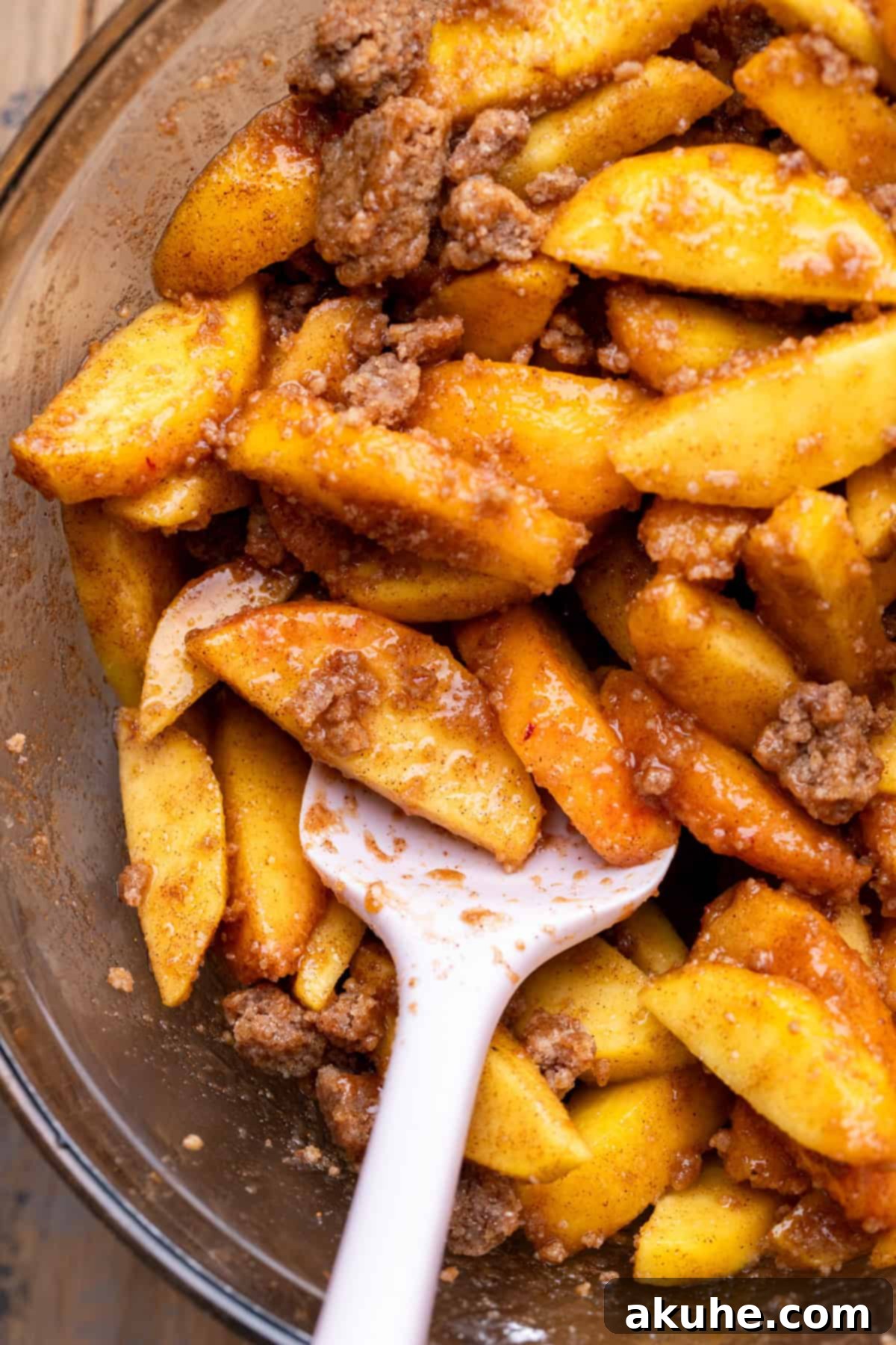 Peach filling mixed with sugar and spices in a glass bowl.