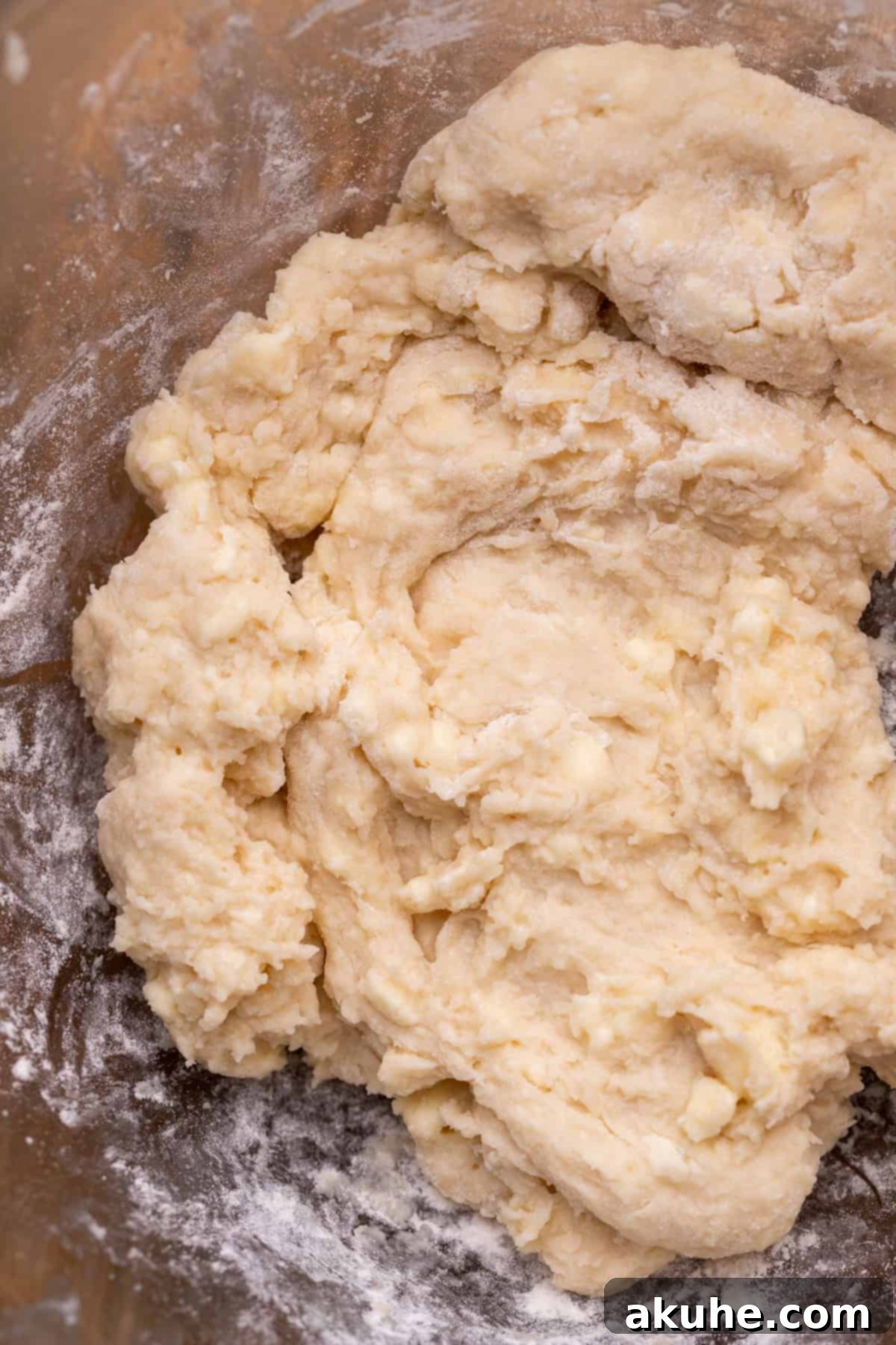 Unbaked biscuit dough in a mixing bowl, ready to be topped on the cobbler.