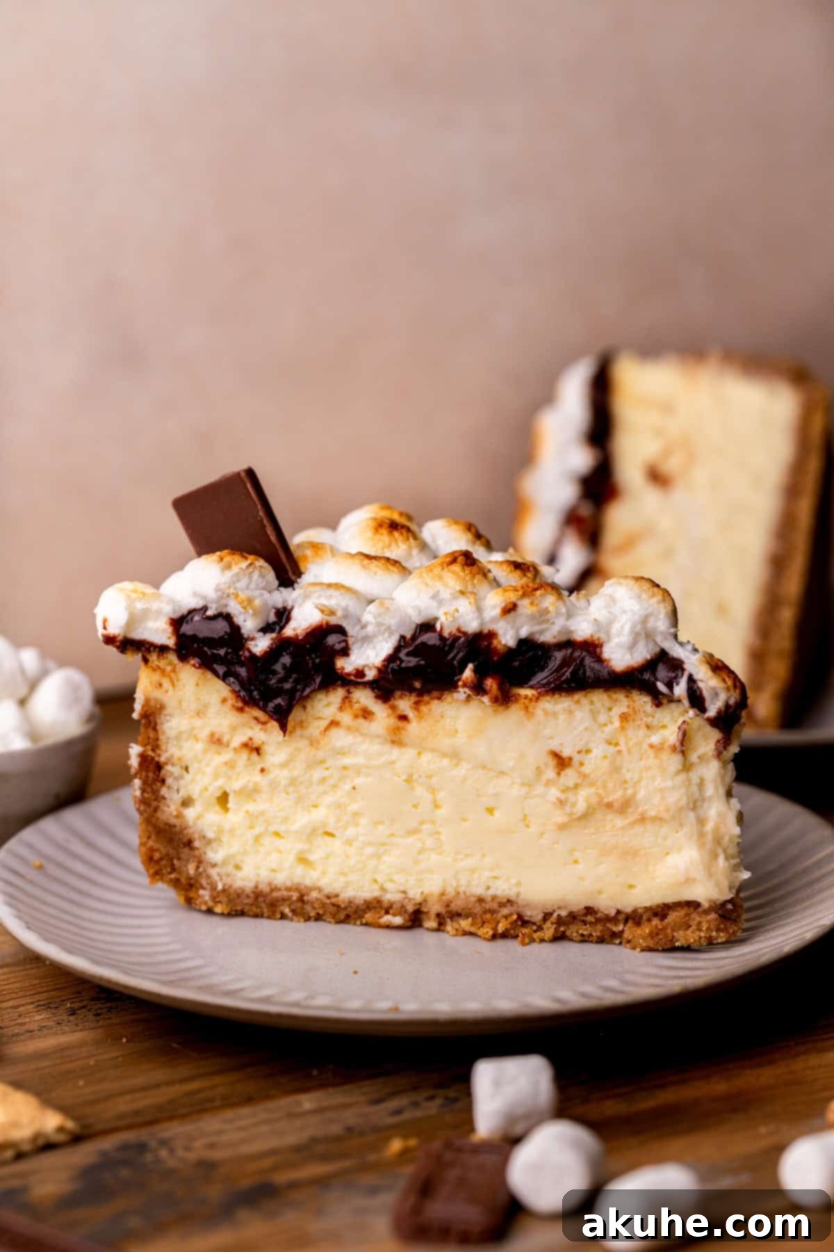 One slice of S'mores cheesecake on a plate, showing its cross-section with distinct layers.