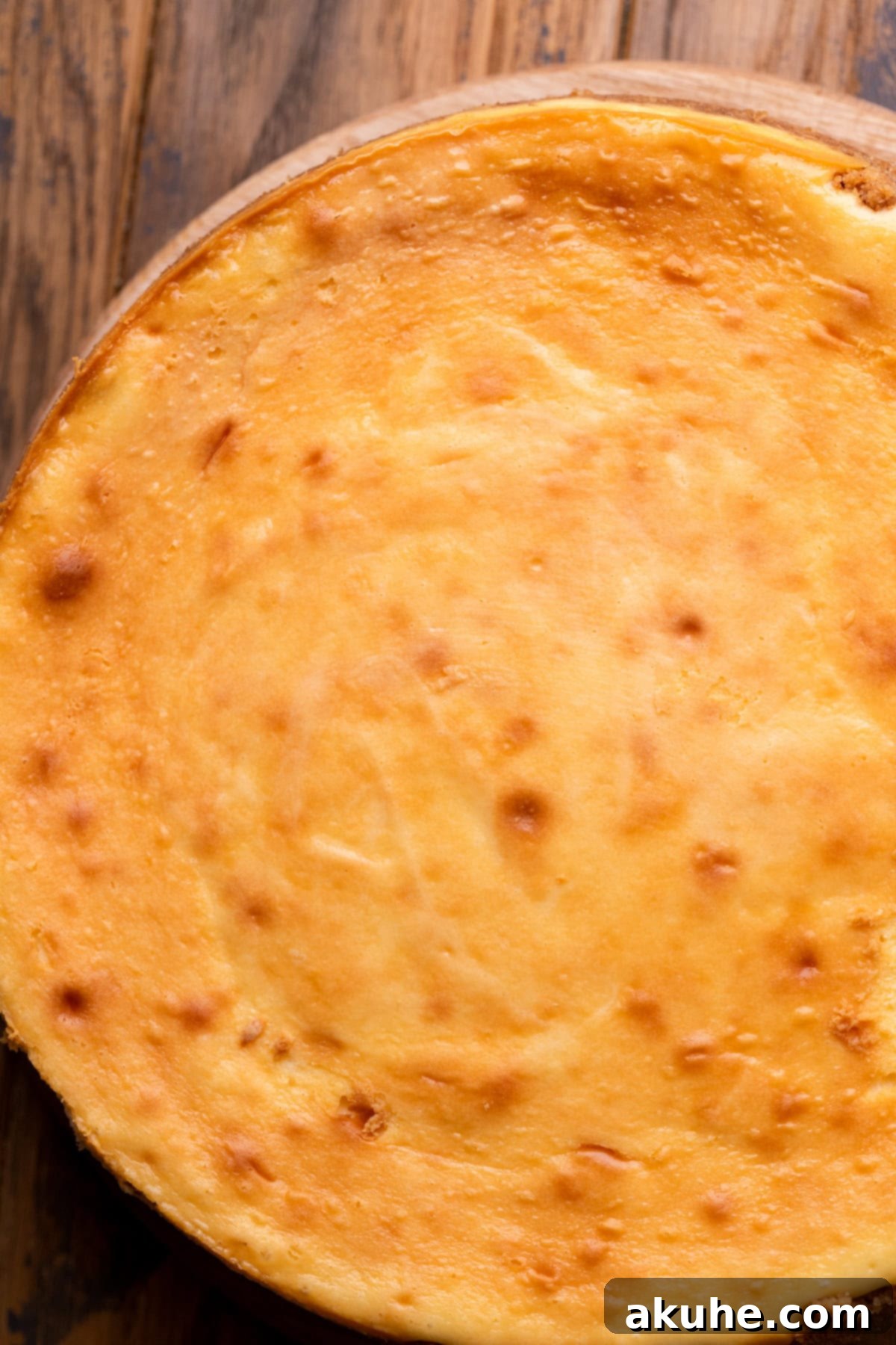 Baked cheesecake cooling on a wood board after coming out of the oven.