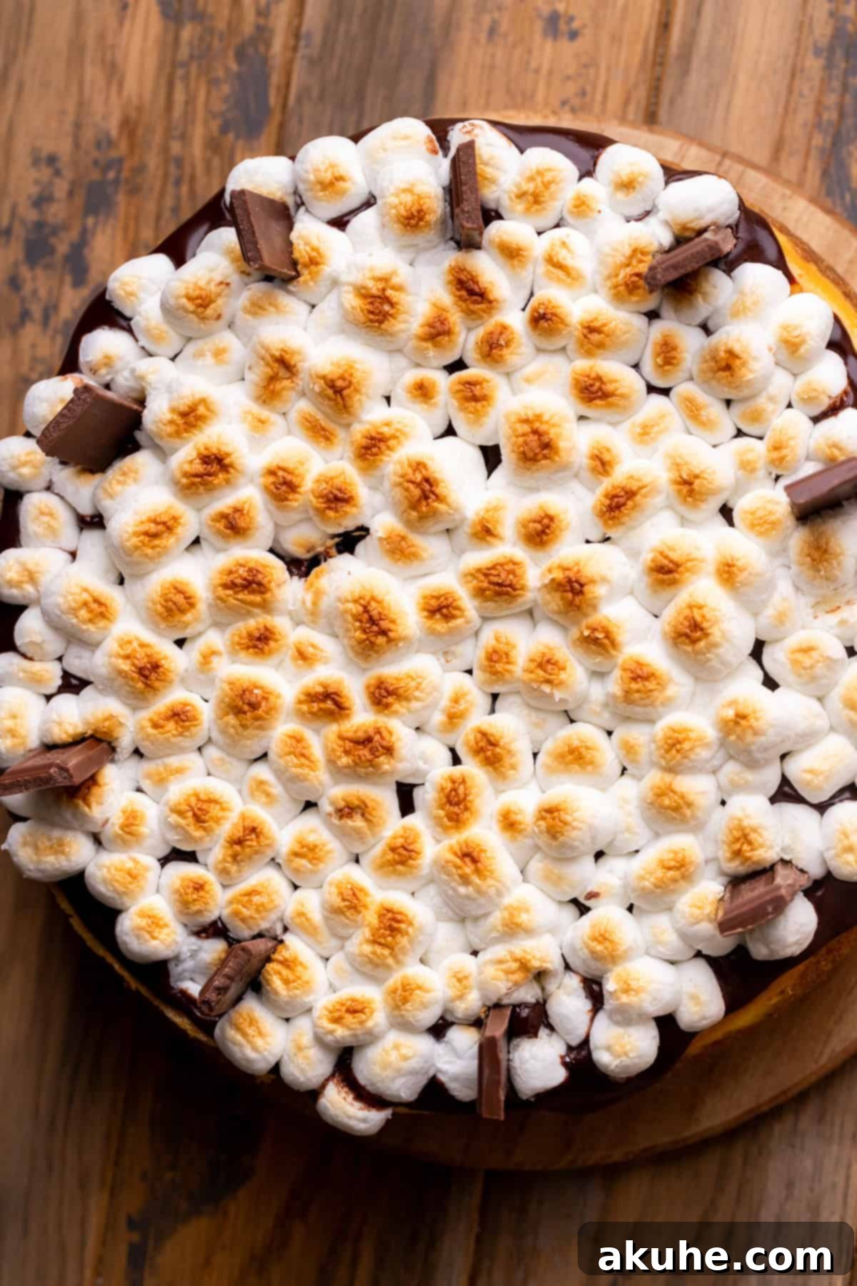 Mini marshmallows spread over the chocolate ganache, ready for toasting under the broiler.