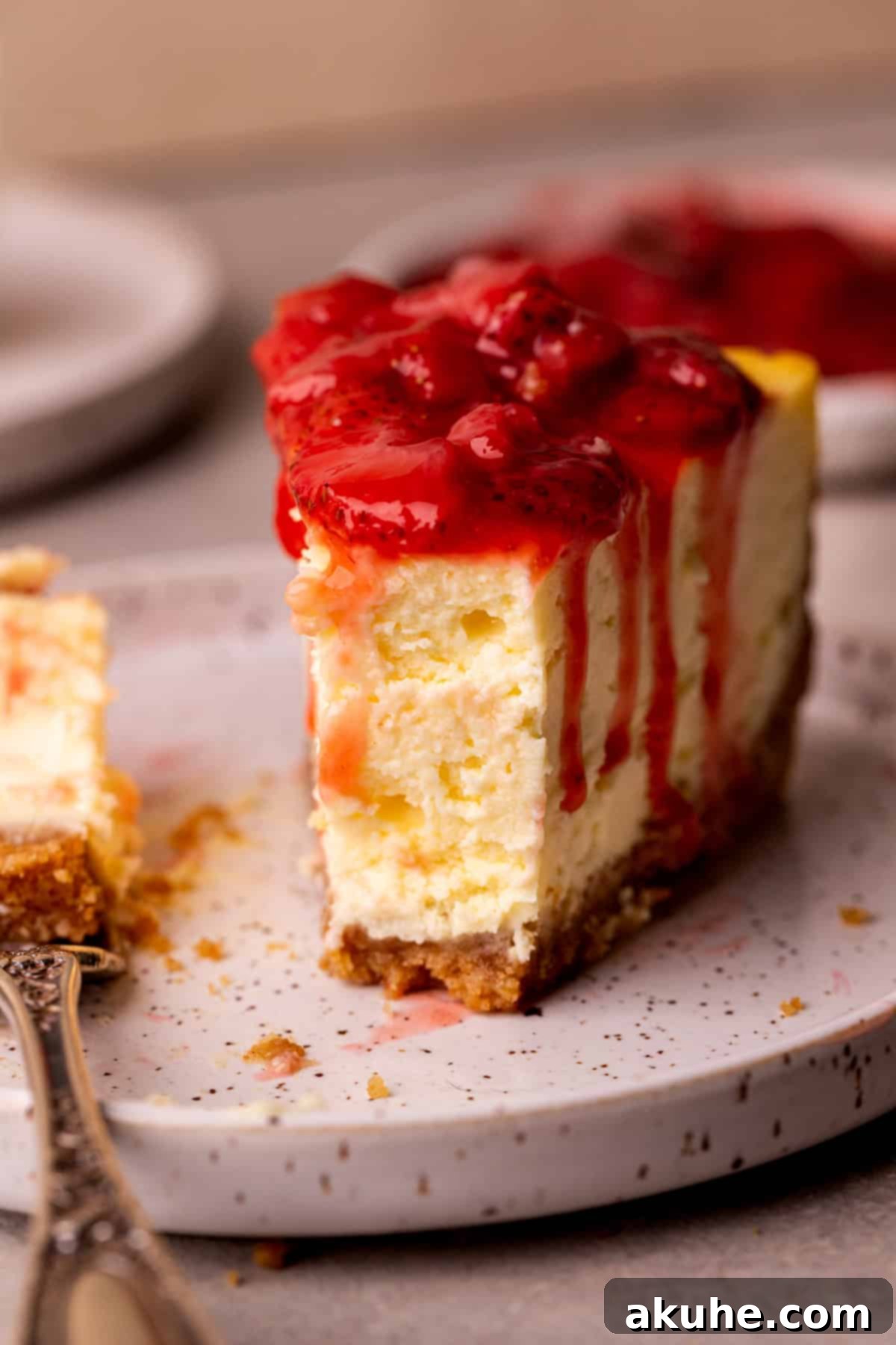 Close-up of a slice of New York style cheesecake on a plate, highlighting the creamy texture and strawberry topping.