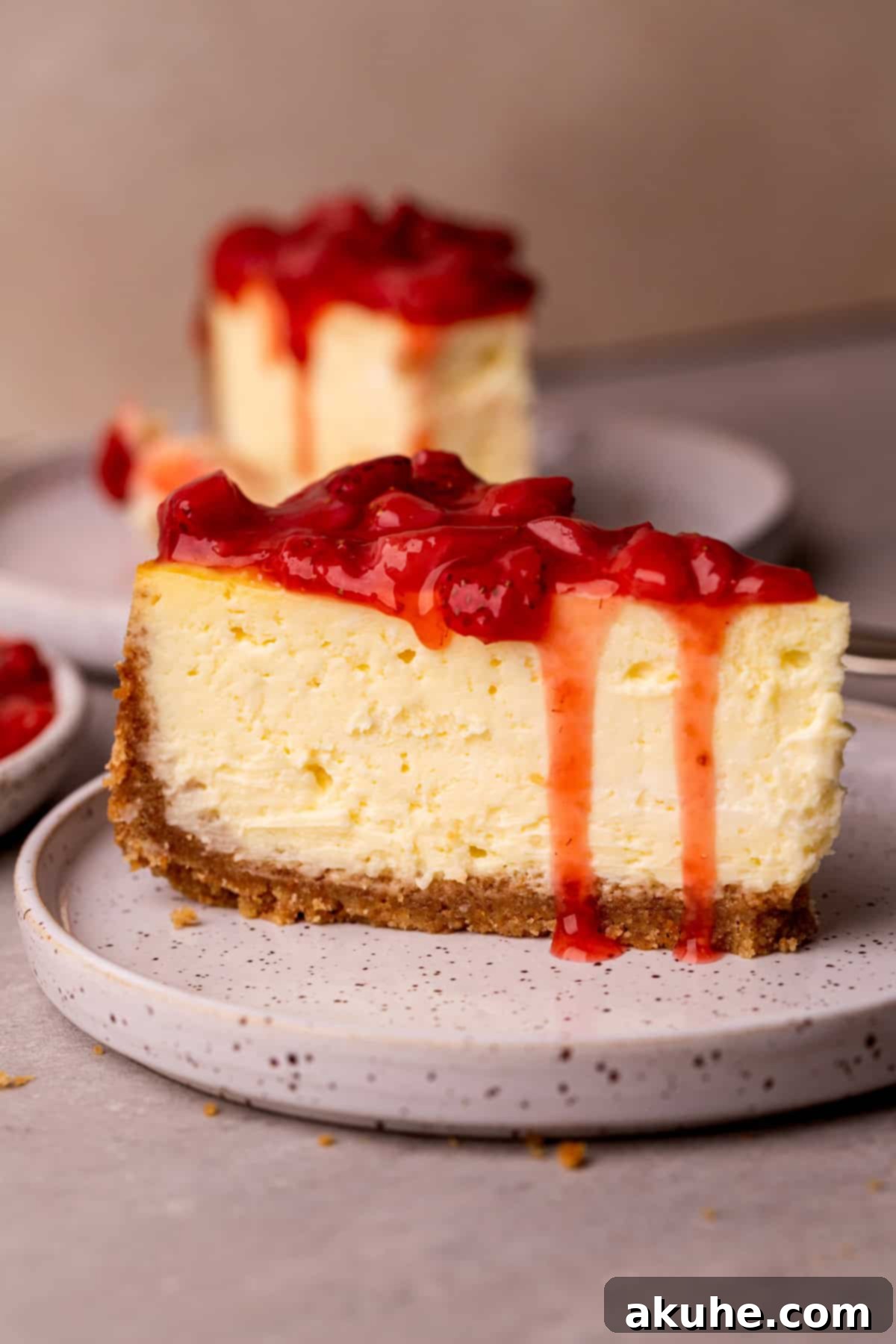 A single, perfectly cut slice of New York style cheesecake on a white plate, topped with strawberry sauce.