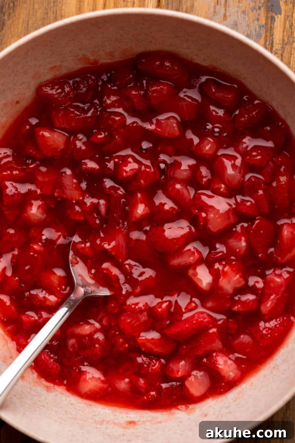 Freshly made strawberry sauce in a ceramic bowl.