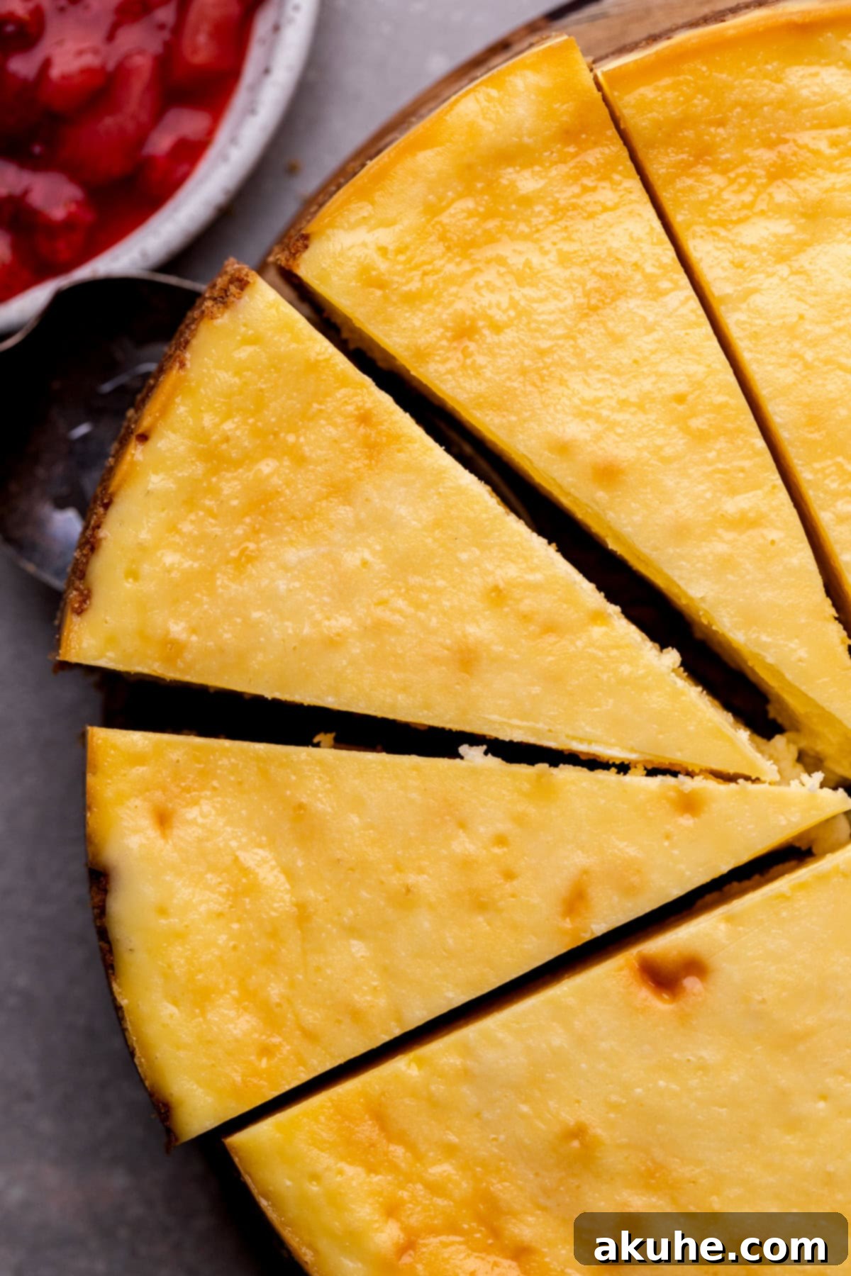 Top view of several perfect slices of New York style cheesecake, ready to serve.