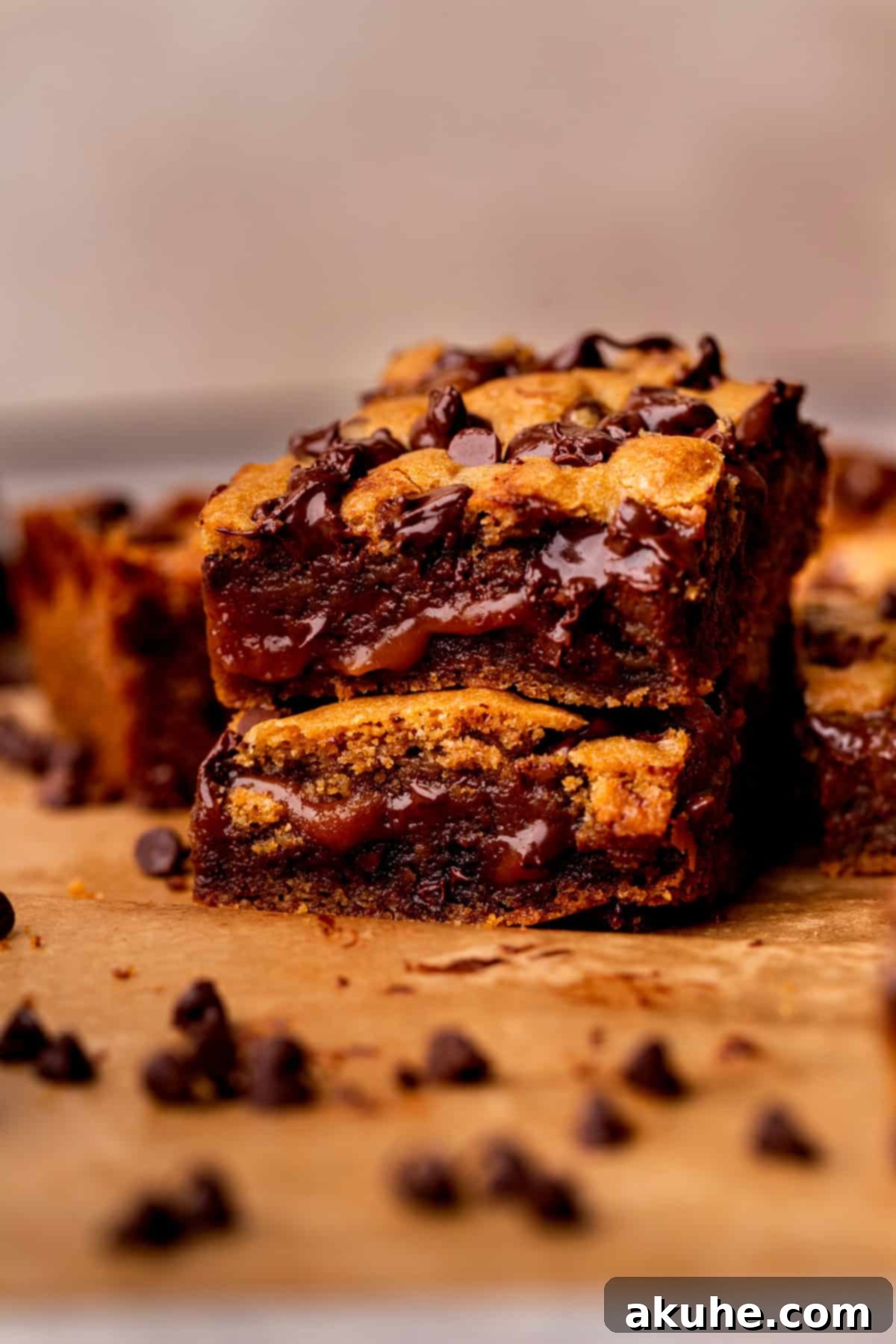 Decadent Caramel Cookie Bars 2 Stack of two perfectly golden caramel cookie bars, showcasing the gooey caramel layer within.