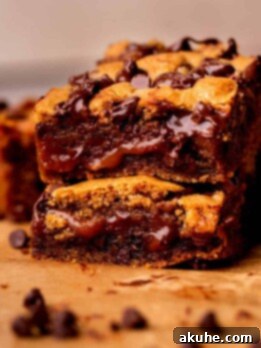 Decadent Caramel Cookie Bars 13 Stack of two caramel cookie bars.