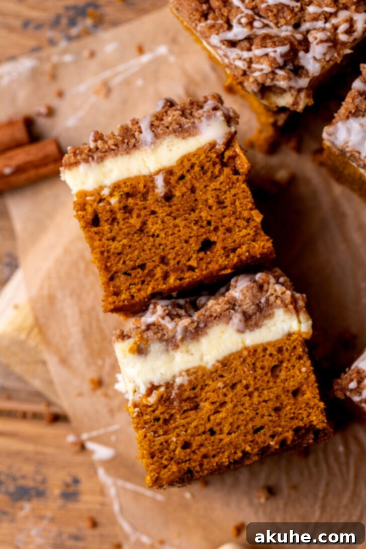 Autumn Pumpkin Streusel Cake 11 Top view of two slices of pumpkin coffee cake on a rustic surface.