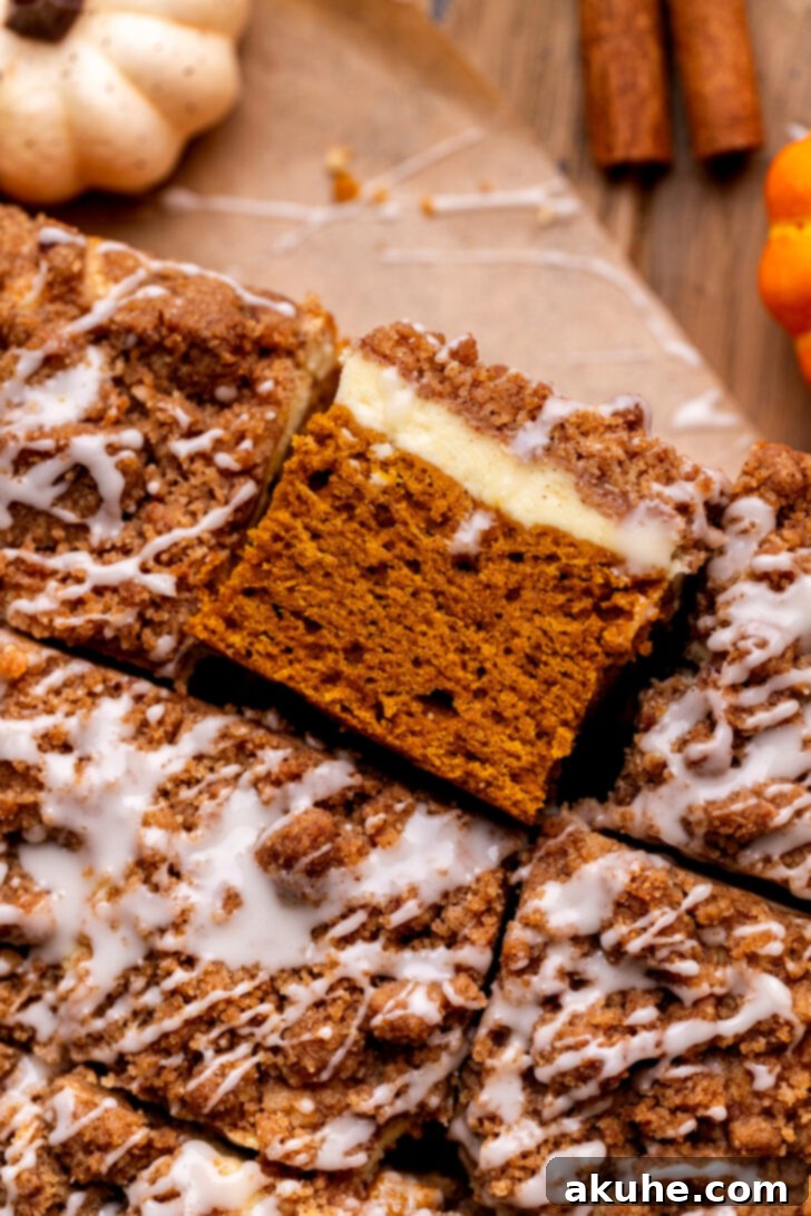 Autumn Pumpkin Streusel Cake 3 Top view of a single cake slice, showcasing the delicious crumb topping and a hint of cream cheese swirl.