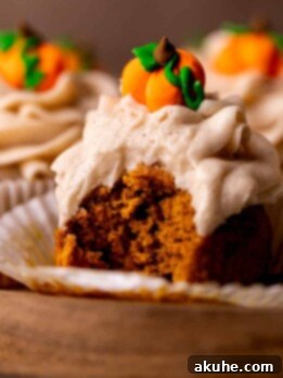 Autumn Pumpkin Spice Cupcakes 11 Bite missing from a pumpkin cupcake.