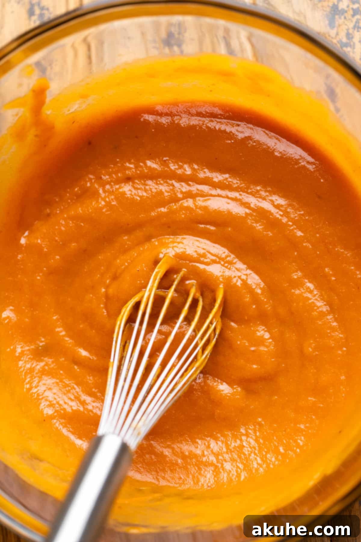 Autumn Pumpkin Spice Cupcakes 4 Bowl showing the carefully mixed wet ingredients for pumpkin cupcakes.