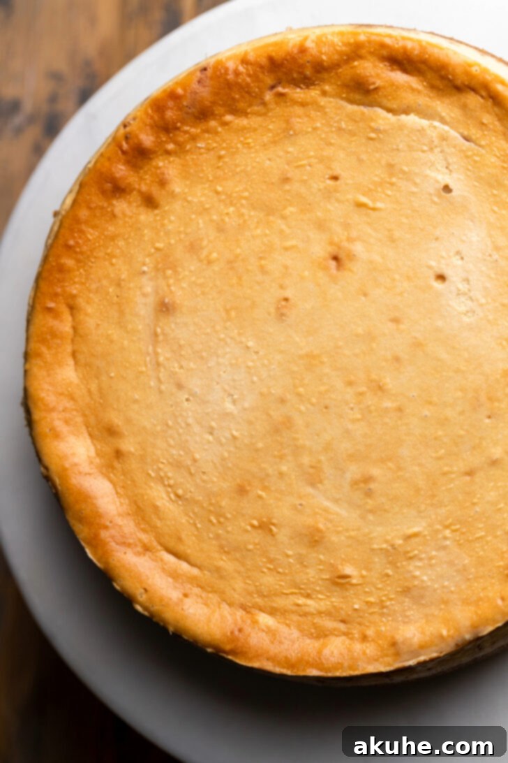 Pecan Pie Cheesecake 7 A perfectly baked cheesecake on a platter, ready for chilling.
