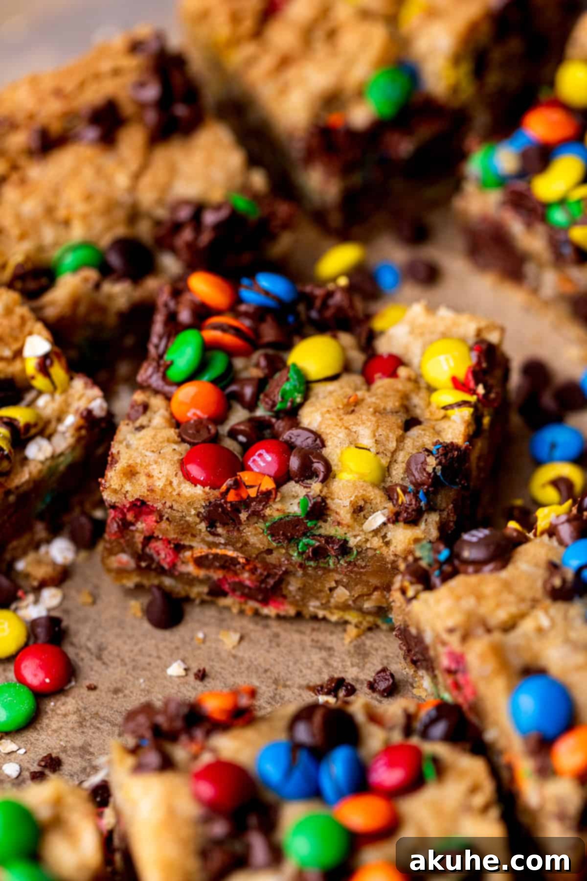 Ultimate Monster Cookie Bars 2 A single perfectly baked monster cookie bar resting on parchment paper, showcasing its vibrant M&M's and chocolate chips.