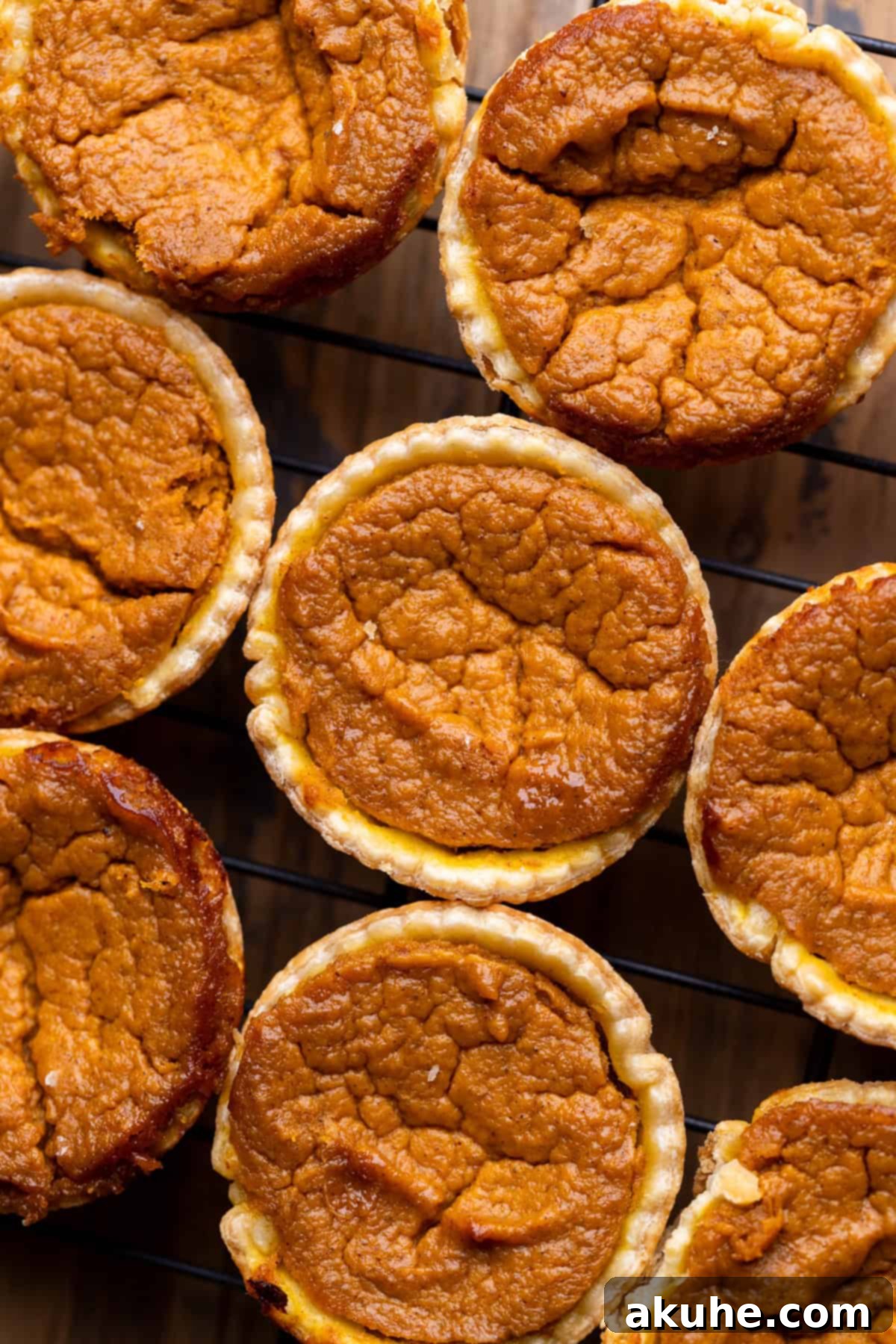 Freshly baked mini pumpkin pies cooling on a wire rack.
