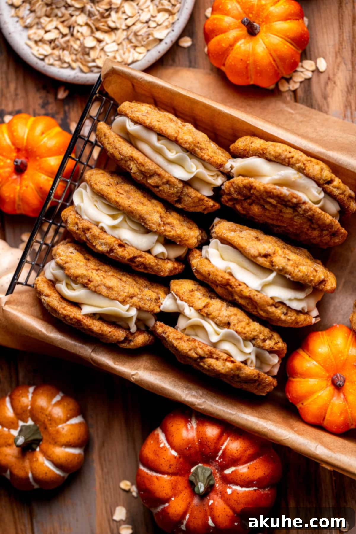 Spiced Pumpkin Oatmeal Cream Pies 8 An array of finished pumpkin oatmeal cream pies neatly arranged in a baking tray, ready to be served.