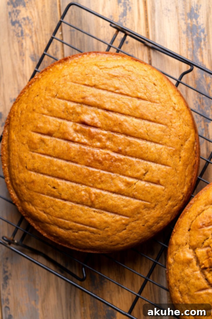 Spiced Pumpkin Caramel Cake 5 Top view of cooled pumpkin cake layers on a wire rack, with domes carefully cut off.