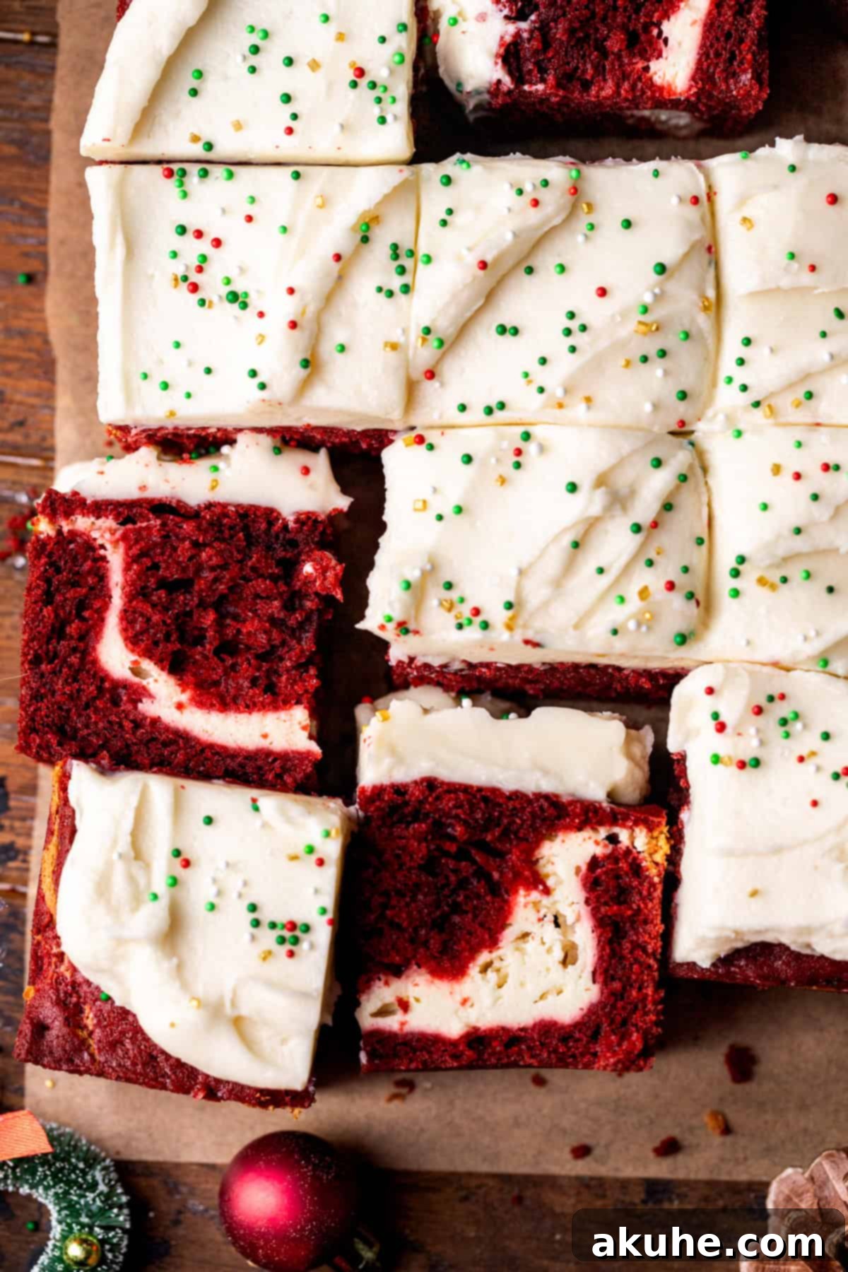 Festive Red Velvet Cake 3 Top view of the festive Red Velvet Christmas Cake, showcasing its perfect cream cheese icing.