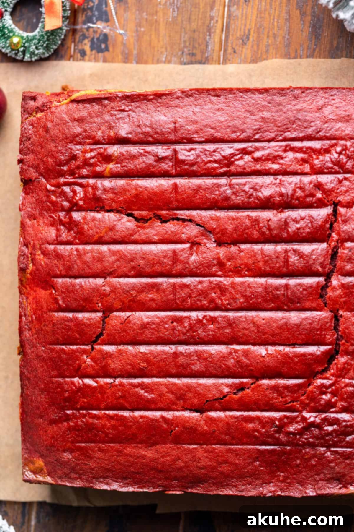 Festive Red Velvet Cake 8 Freshly baked cake resting on parchment paper after removal from the pan.
