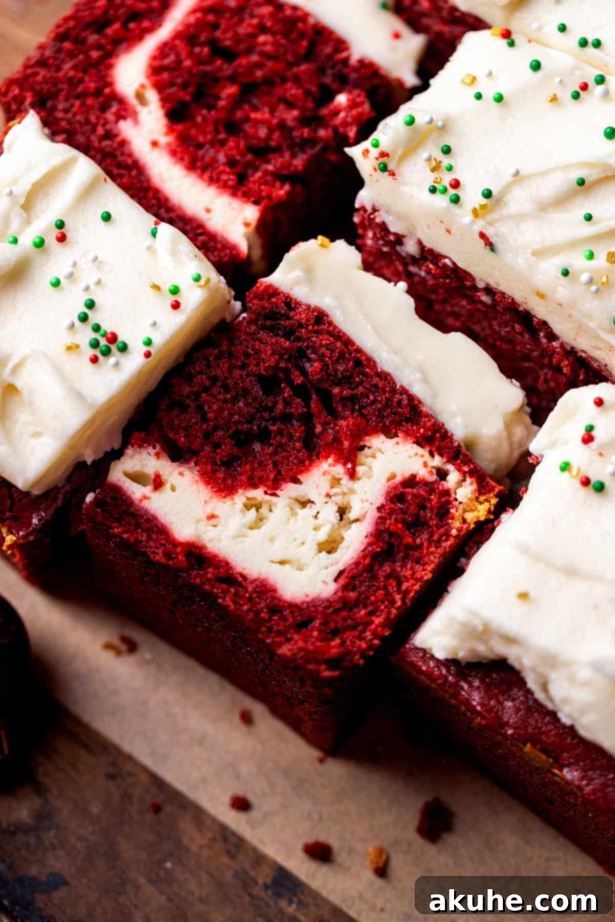 Festive Red Velvet Cake 9 A perfectly sliced piece of Red Velvet Christmas Cake, showing the distinct layers of cake and cheesecake.
