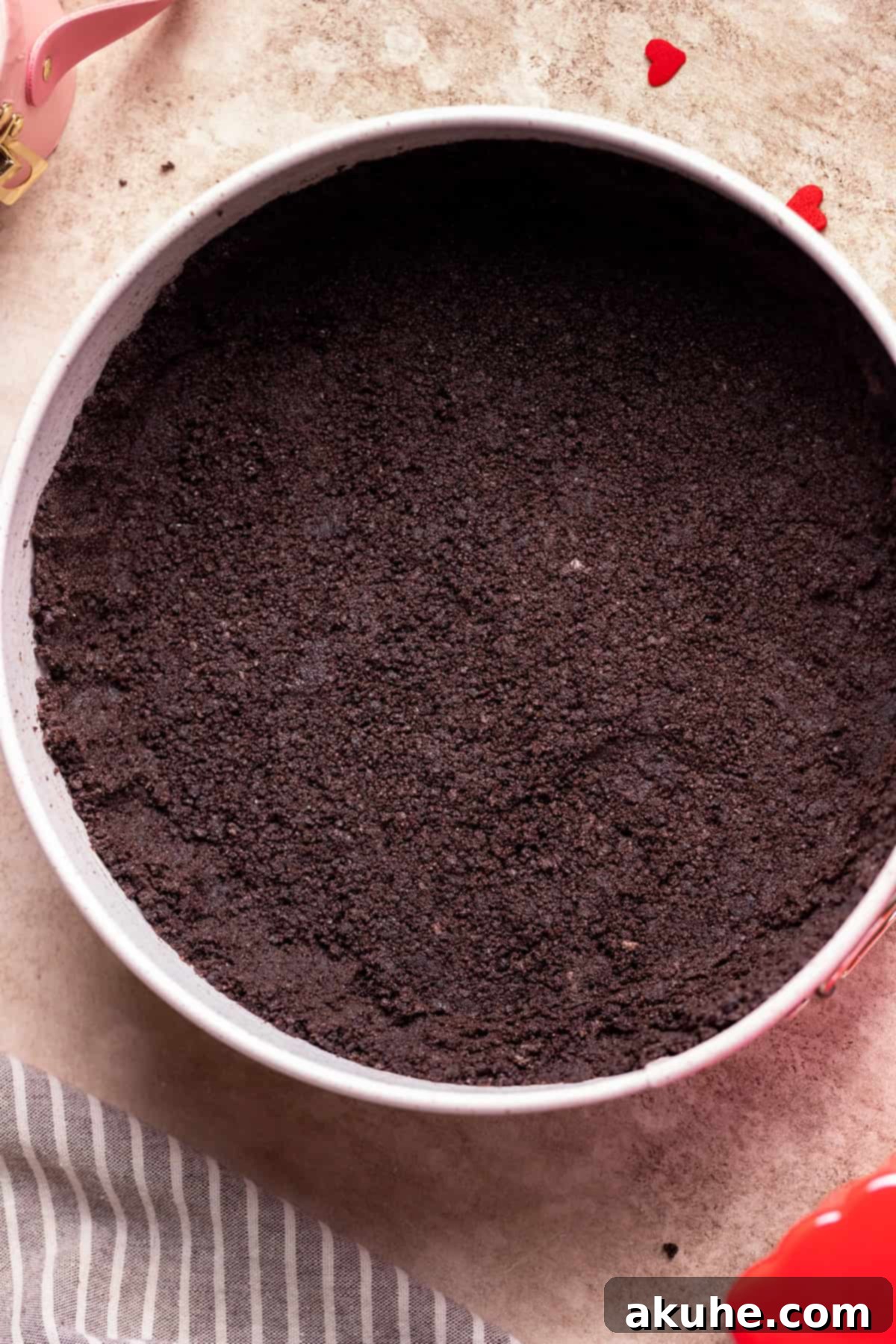 Red Velvet Decadence 4 Oreo crust perfectly pressed into a springform pan.