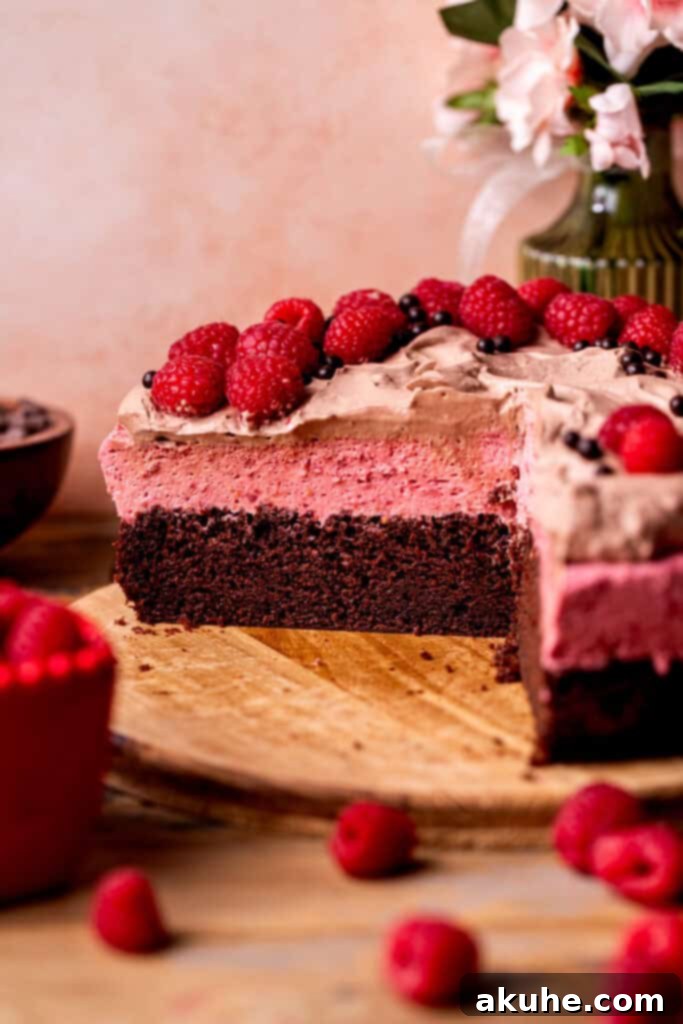 Raspberry Chocolate Cloud Cake 11 A chocolate raspberry mousse cake sliced open, showing the beautiful layers of cake and mousse.