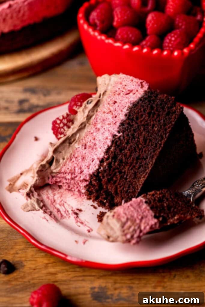 Raspberry Chocolate Cloud Cake 12 A slice of chocolate raspberry mousse cake on a plate with a bite taken out.