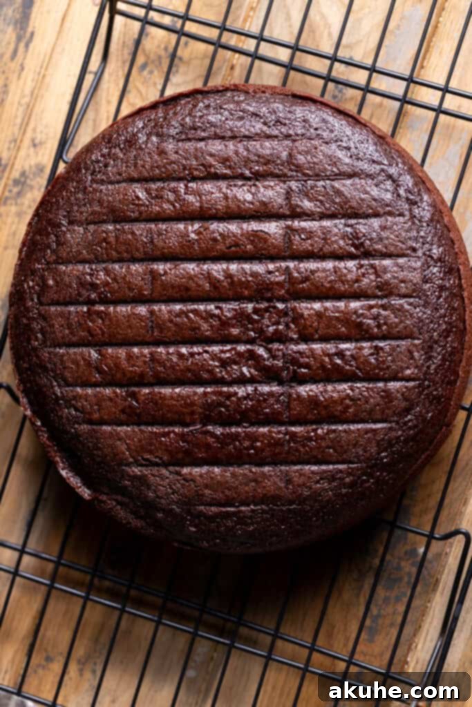 Raspberry Chocolate Cloud Cake 5 Baked chocolate cake layer on a wire rack, with the dome visibly cut off.
