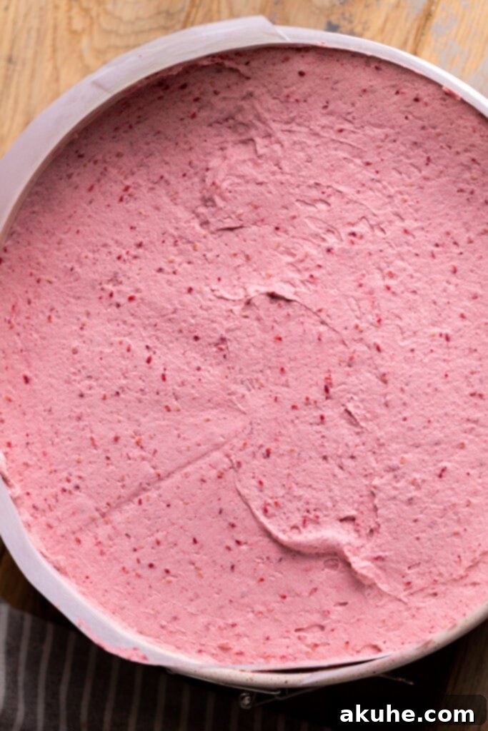 Raspberry Chocolate Cloud Cake 9 Raspberry mousse spread evenly over the chocolate cake layer in the pan.