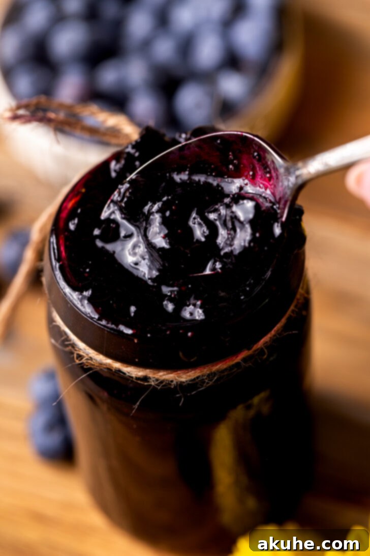 Easy Three Ingredient Blueberry Jam 8 A spoon scooping fresh blueberry jam from a jar, showing its delightful texture.