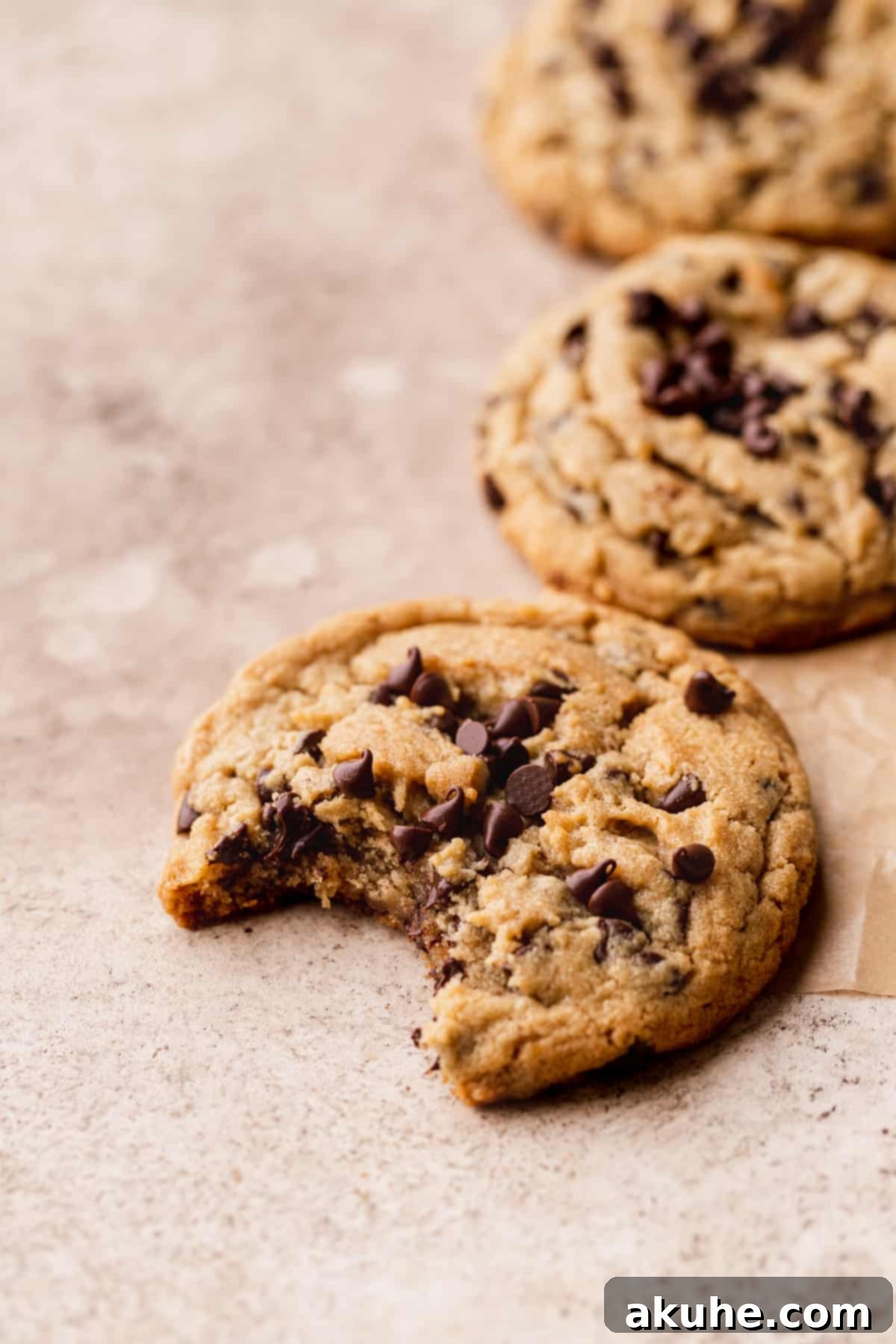 Perfect Peanut Butter Chocolate Chip Cookies 8 Close-up of a peanut butter chocolate chip cookie with a bite missing, showing its soft interior.