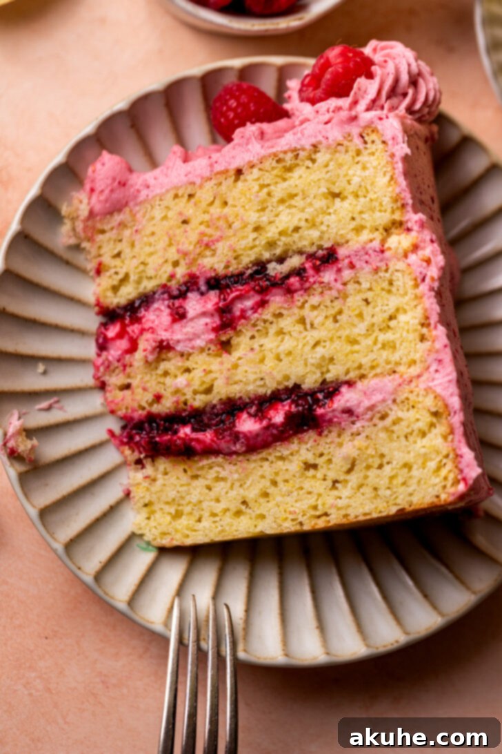 A slice of lemon raspberry cake on a decorative plate, ready to be enjoyed.