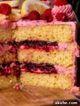 Side view of a luscious lemon raspberry cake, beautifully frosted.