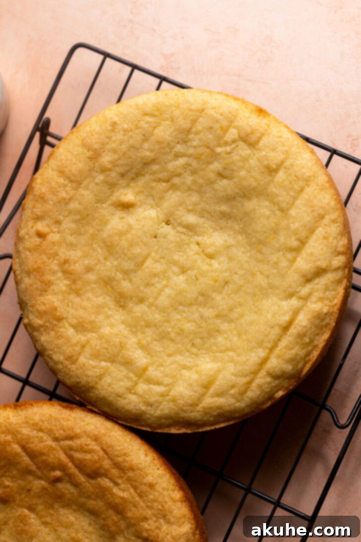 Freshly baked cake layers cooling on a wire rack.