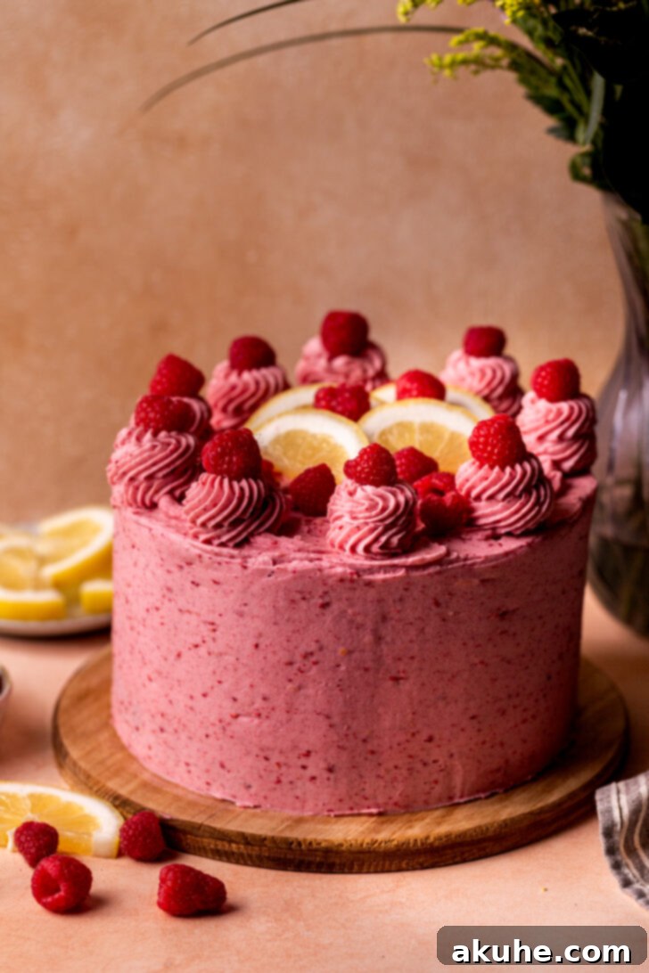 A fully decorated lemon raspberry cake on a wooden cake stand, garnished with fresh raspberries and lemon slices.